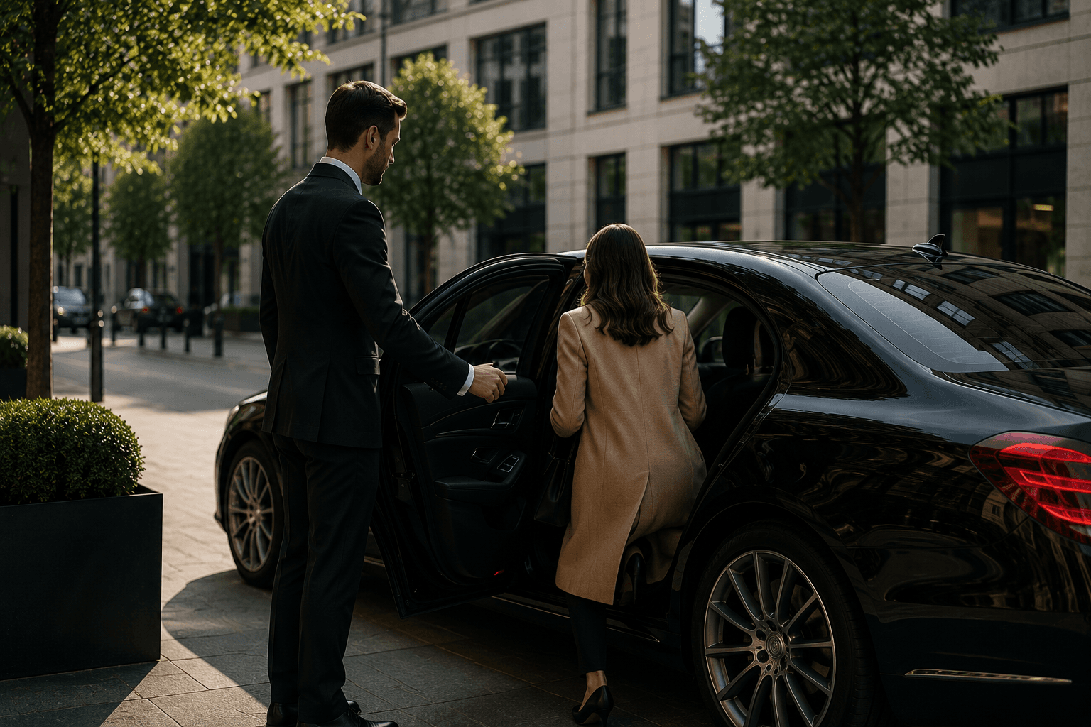 Chauffeur opening the car door for a client on a city street
