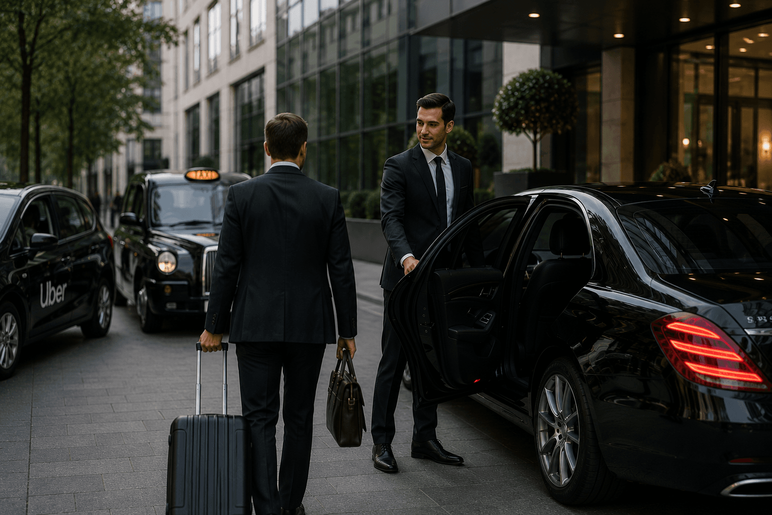 Chauffeur opening a car door for a business traveller beside a taxi and a rideshare car