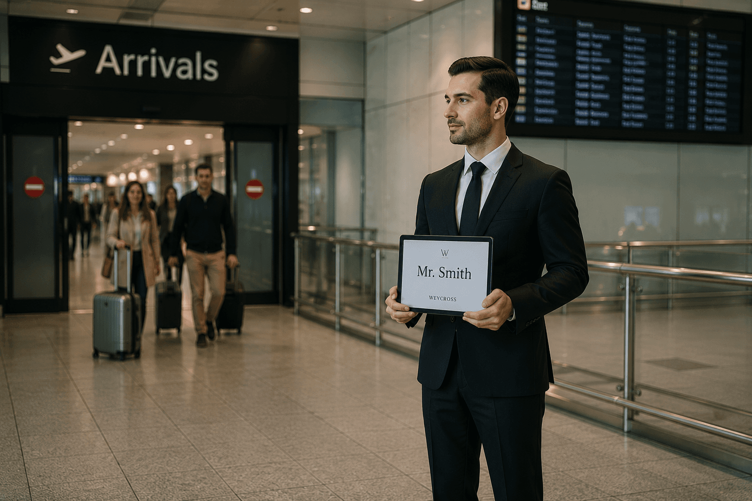 Chauffeur holding a name board reading Mr. Smith in an airport arrivals hall