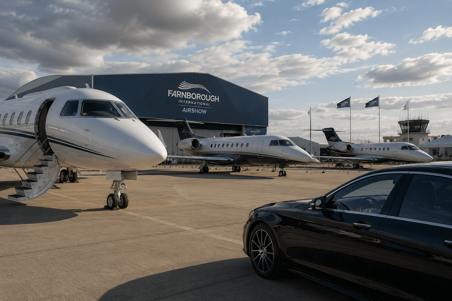 Private jets and a Weycross car parked at Farnborough International Airshow