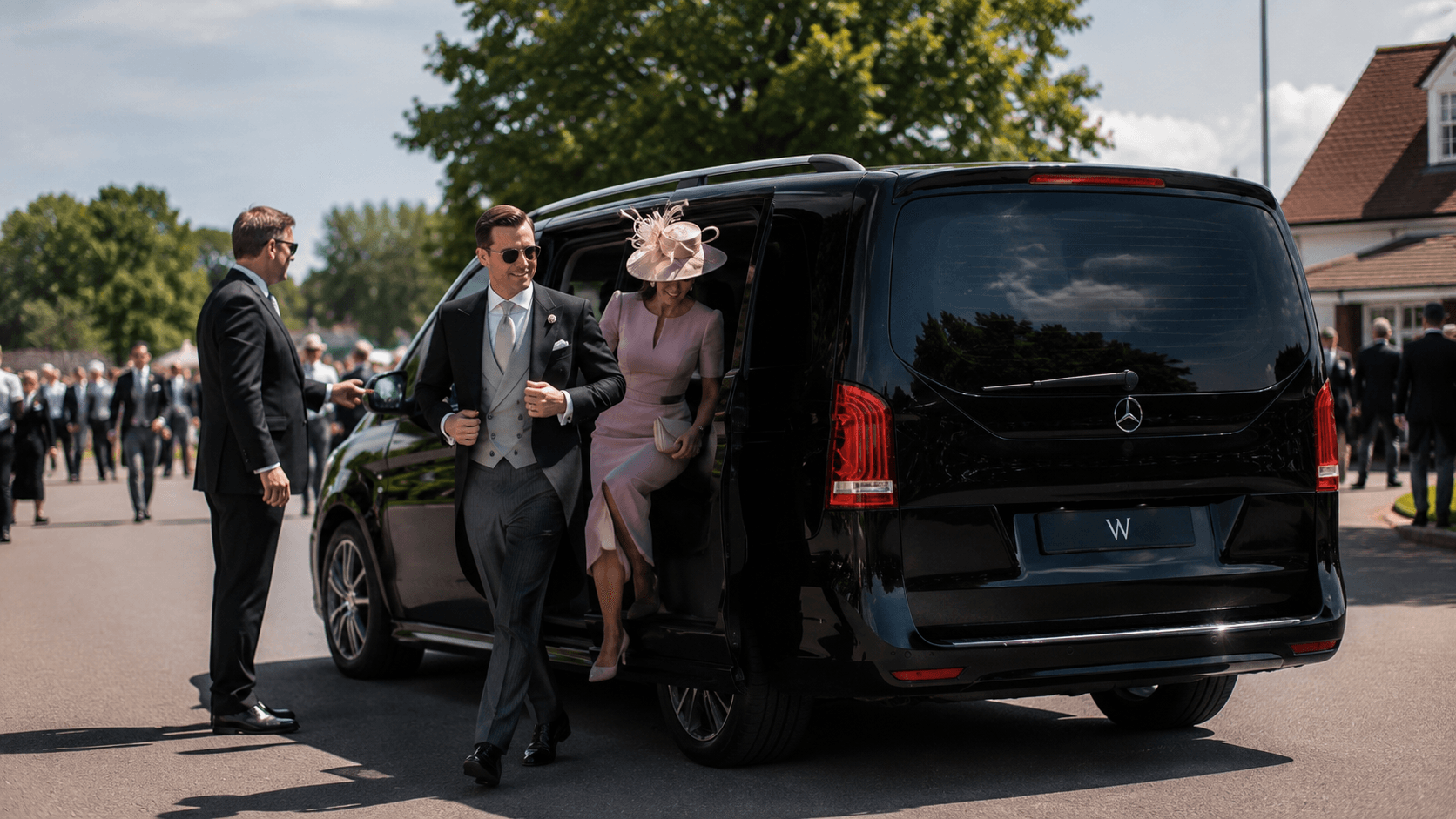 Formally dressed guests arriving by Weycross chauffeur car at a racecourse entrance