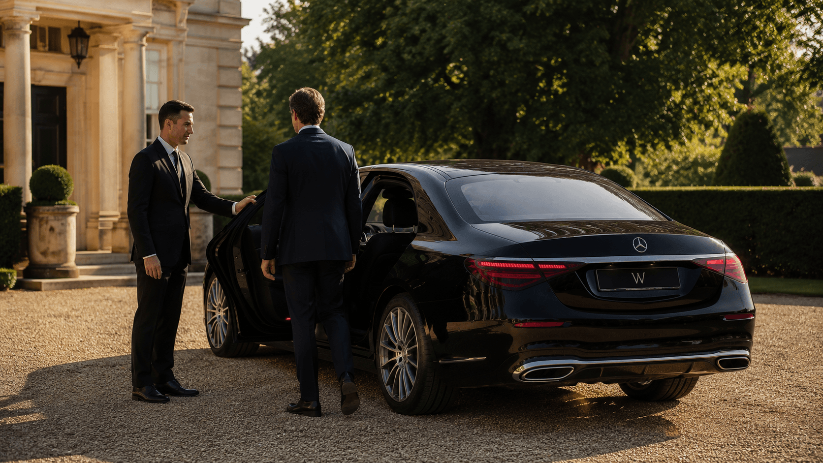 Weycross chauffeur handing a client into an S-Class on a Surrey driveway