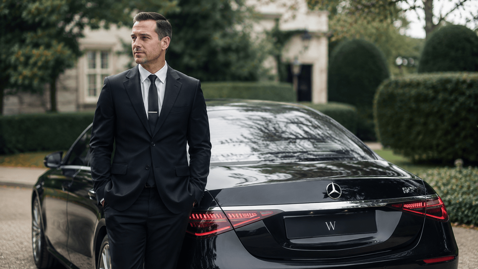 Weycross chauffeur in a dark suit standing beside a polished Mercedes S-Class