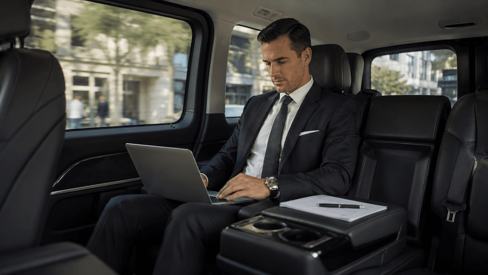 Business traveller working in the rear cabin of a Weycross V-Class