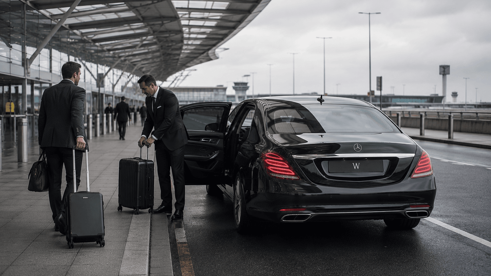 Weycross S-Class waiting outside a Gatwick terminal as a client arrives with luggage