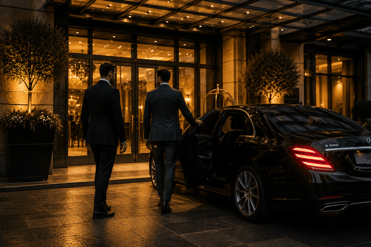 Two business travellers walking from a Weycross S-Class to a hotel entrance at night