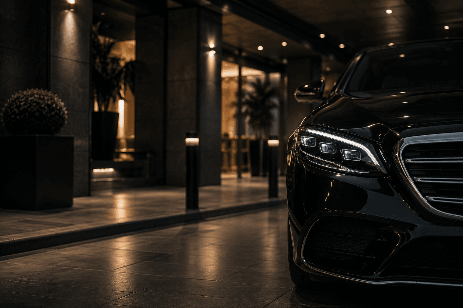 Close-up of a Weycross S-Class outside a hotel entrance at night