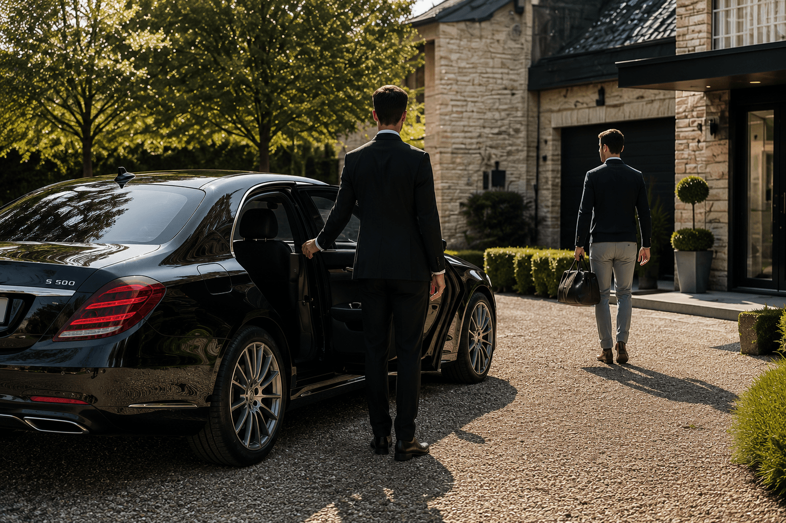 Chauffeur holding open a car door as a client walks toward a country house