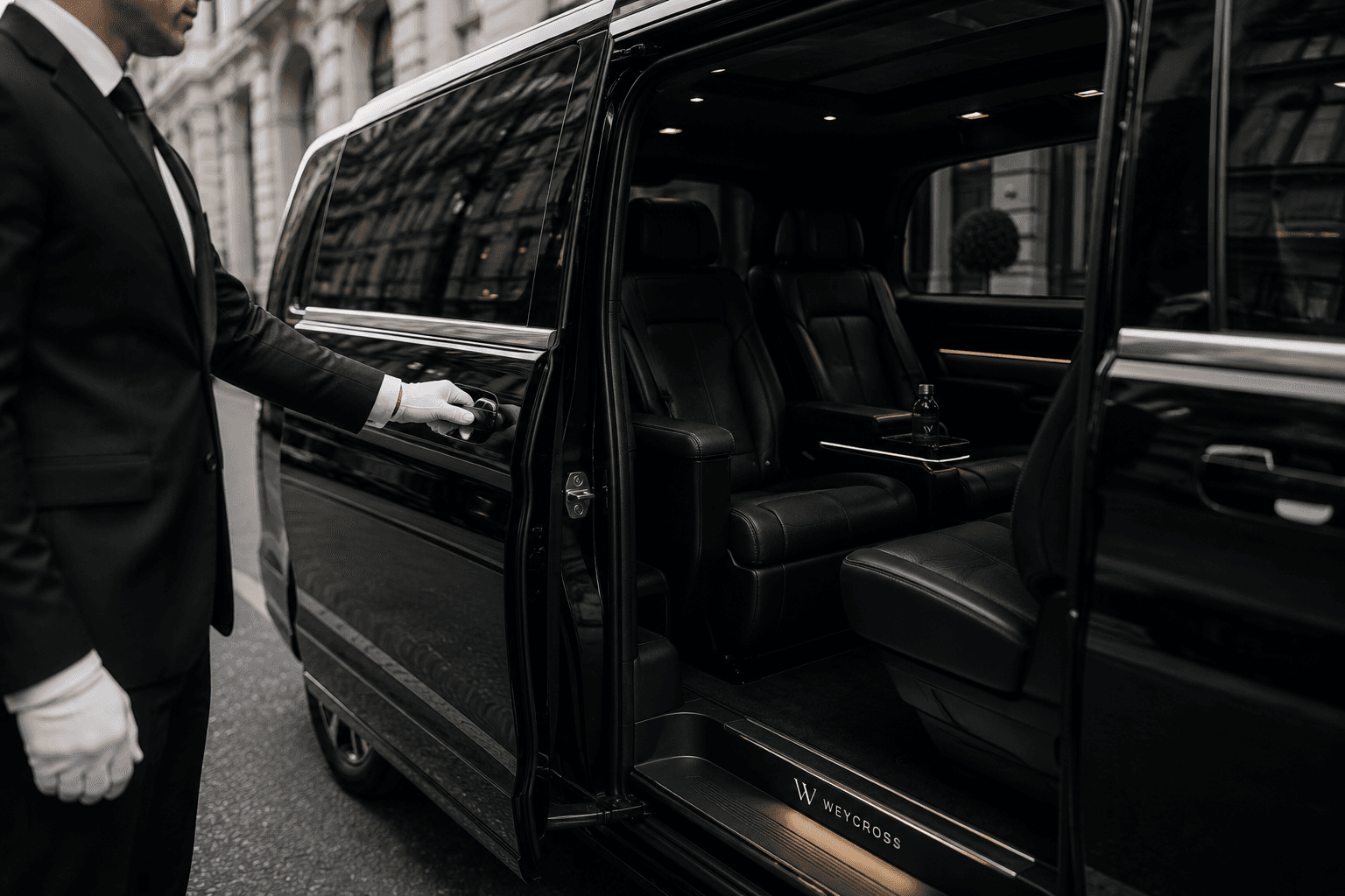 Chauffeur holding open the door of a Weycross V-Class for a formally dressed guest