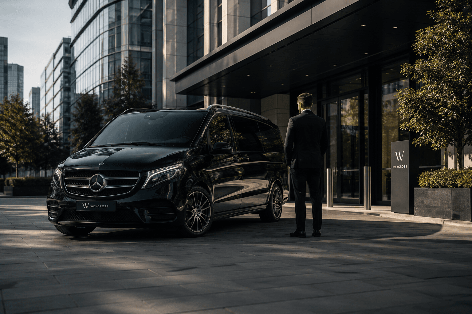 Weycross V-Class parked outside a modern glass building