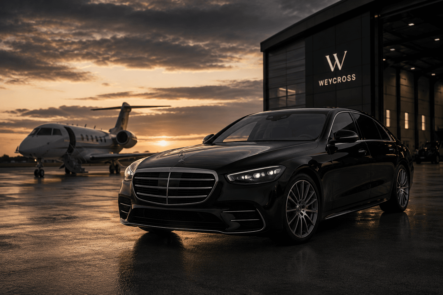 Weycross S-Class parked in front of a hangar with a private jet at dusk