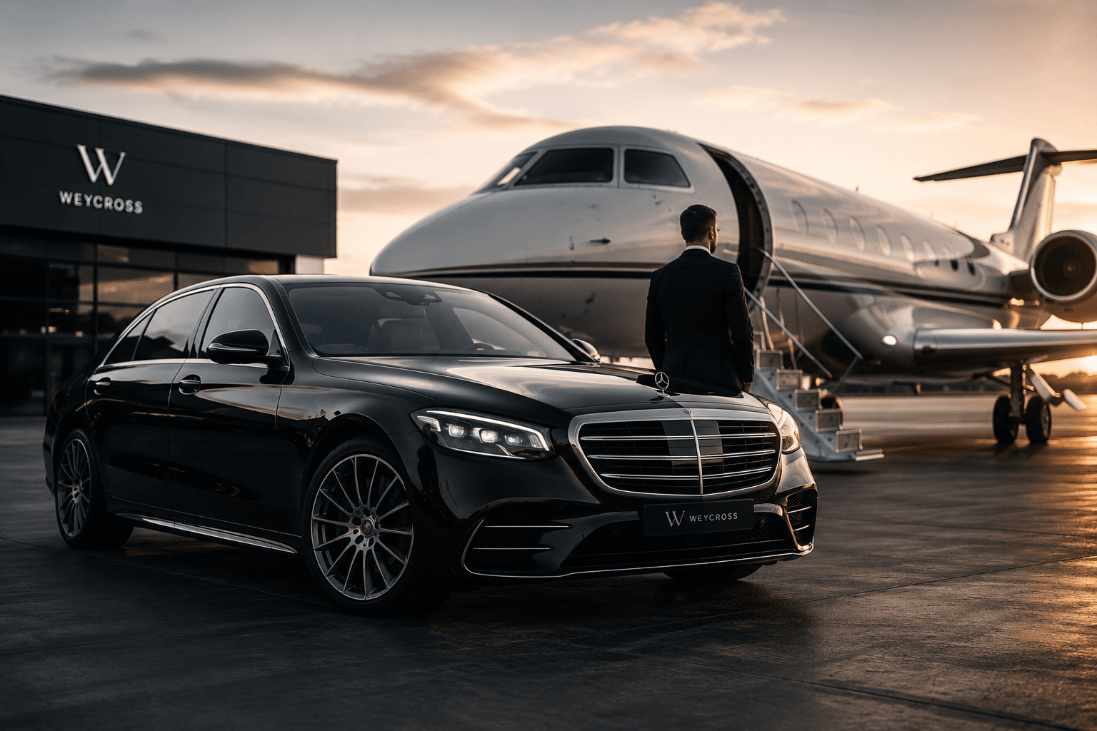 Chauffeur and client walking toward a private jet beside a Weycross S-Class at sunset