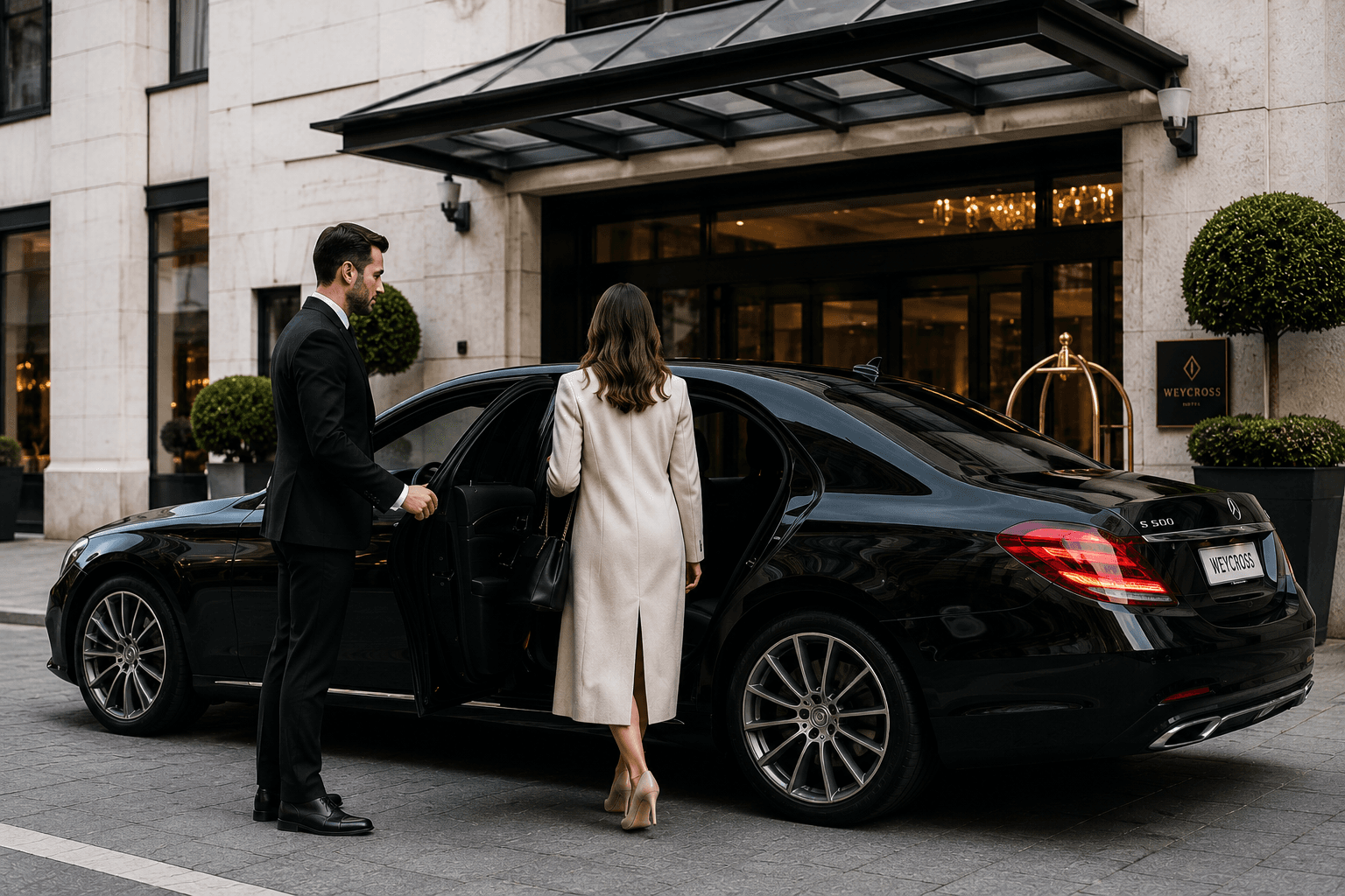 Chauffeur opening the door for a client arriving at a hotel entrance