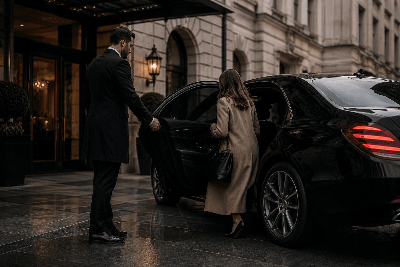 Client stepping out of a Weycross S-Class at an airport kerb